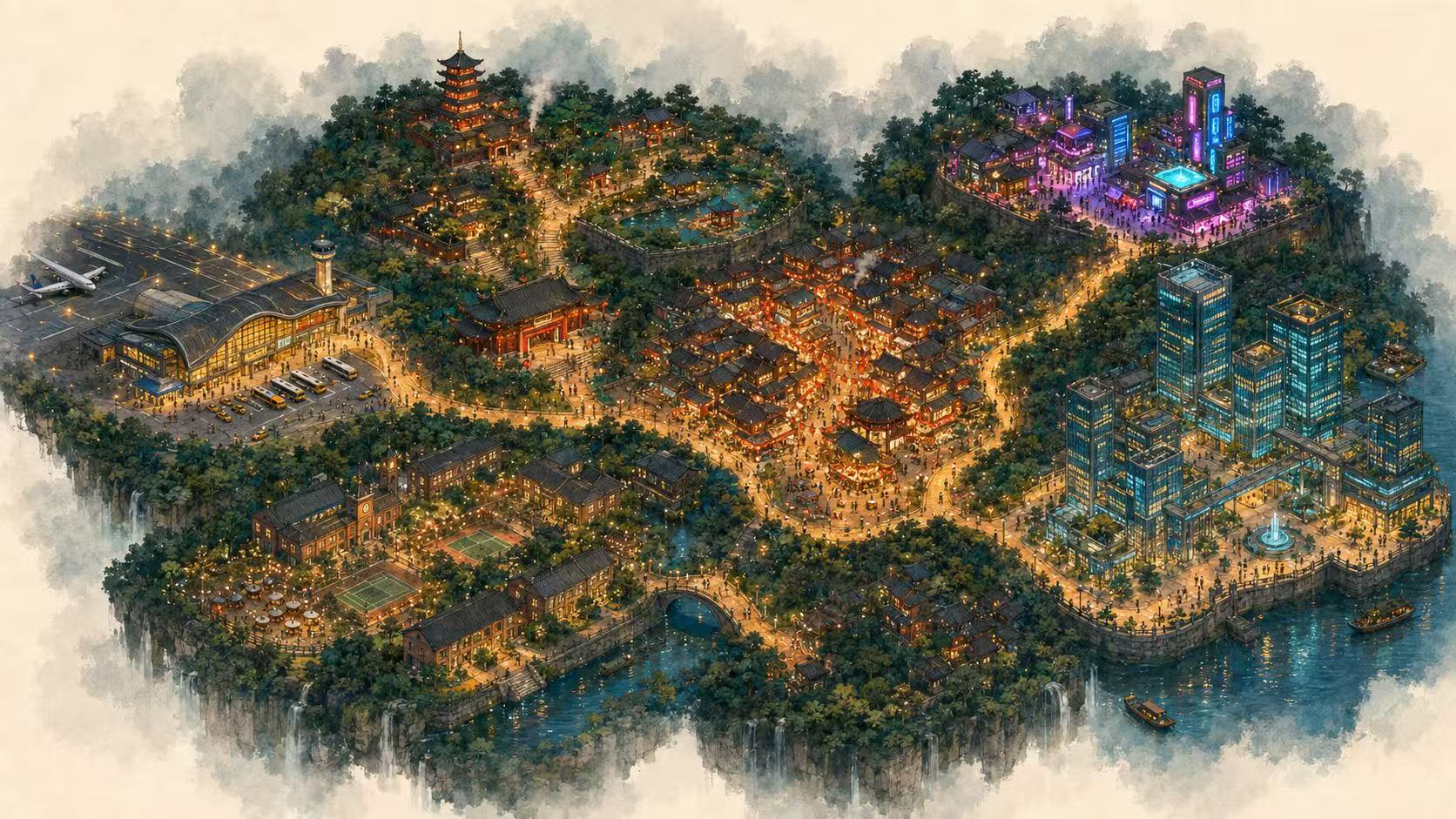 An illustrated map of Luocheng and its six districts — the Airport, the Cultural District, the Food Street, the Financial Hub, the Night Club and the Campus — that Loquar learners explore.